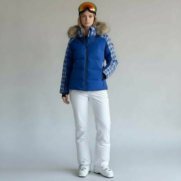 Spyder Womens Falline Down Ski Snowboard Snow Jacket Sz 12 Blue Houndstooth NWT - Picture 2 of 6